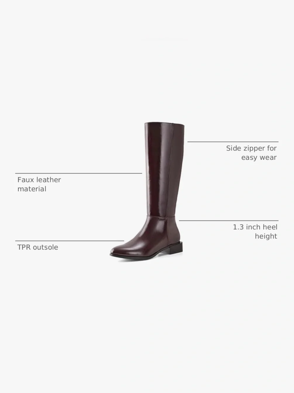 Women’s Tall Burgundy Boots Classic Zip Riding Style Chunky Low Heel Size 6